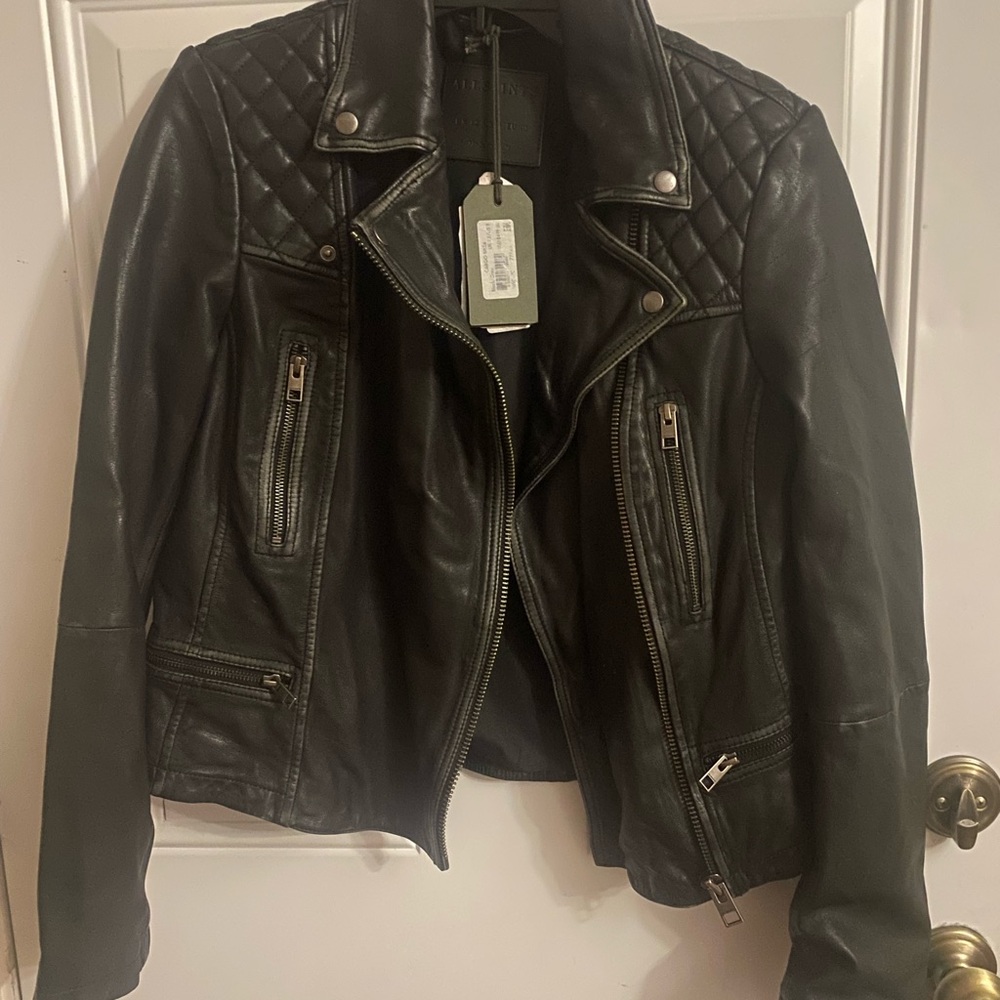 All Saints BlackGray Quilted Leather Moto Jacket